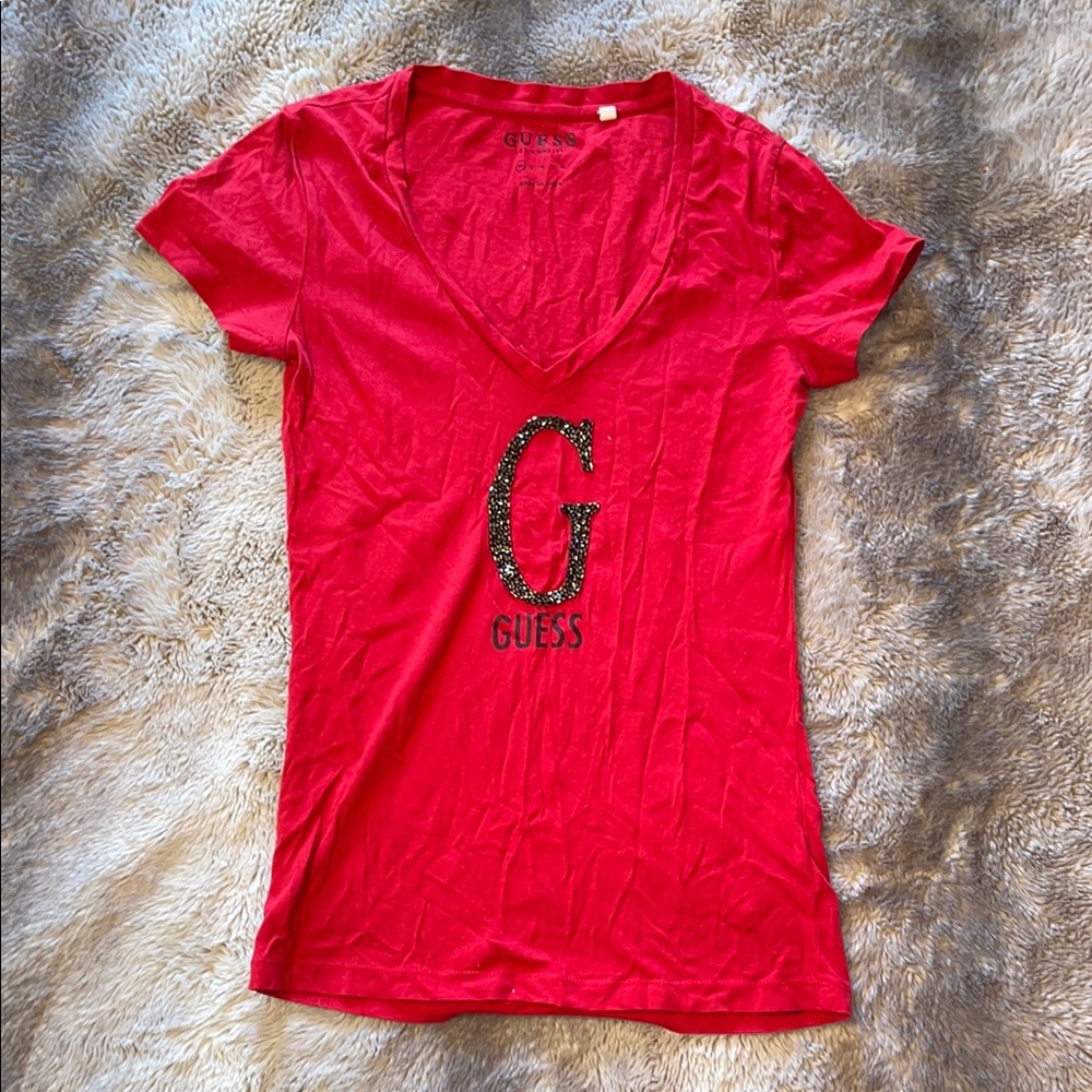 GUESS Red V-Neck Embellished Top ✨